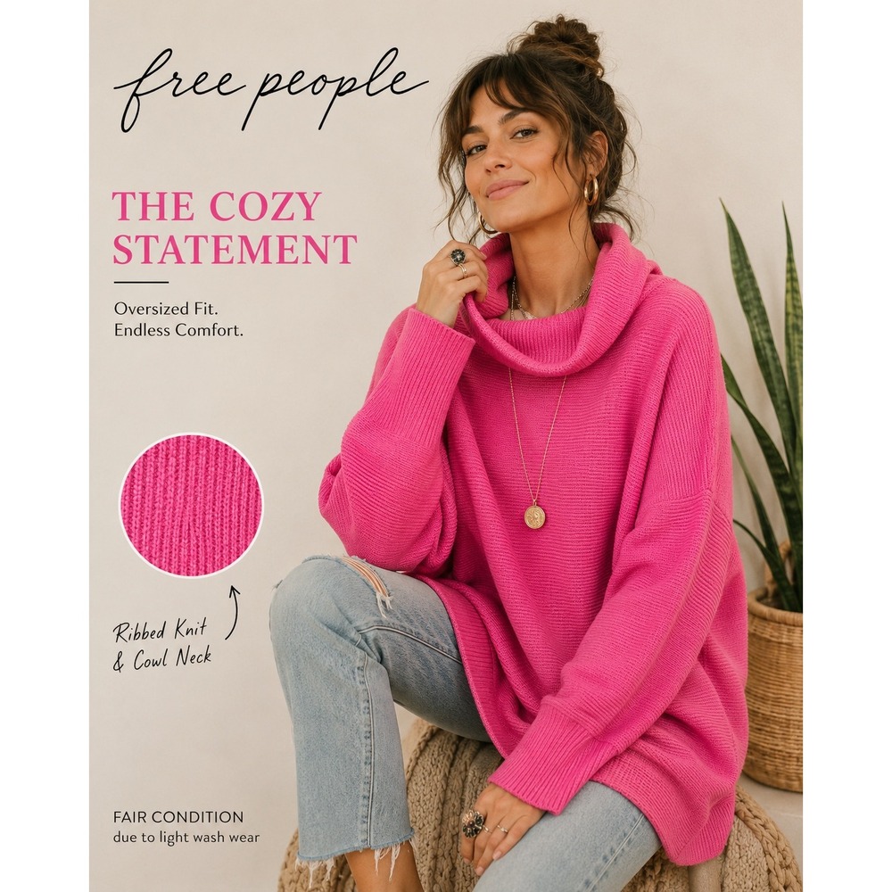 Free People Oversized‎ Ribbed Cowl Neck Sweater Tunic Bright Pink Size Small